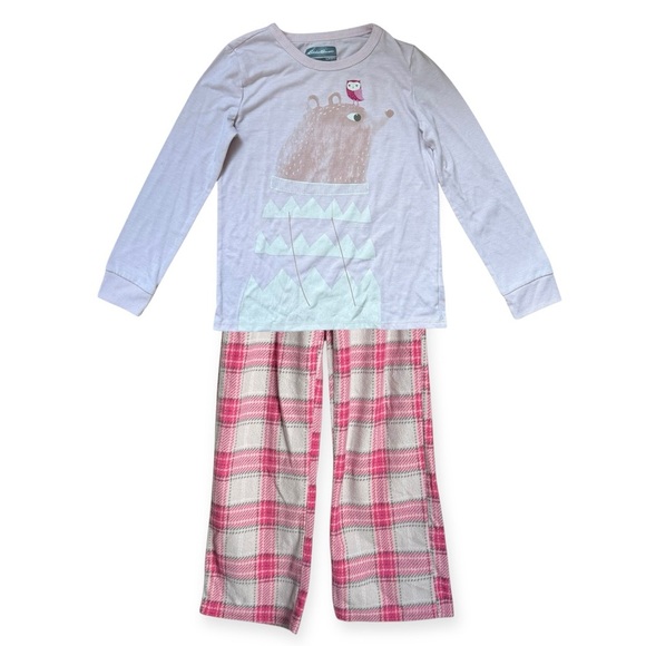 4/$25 Eddie Bauer Girls Pink Plaid 2 Piece Pajama Set Size Medium Fleece Pants - Picture 11 of 11